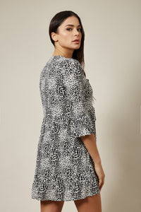 Black and White Button Down  Mini Shirt Dress in Leopard Print