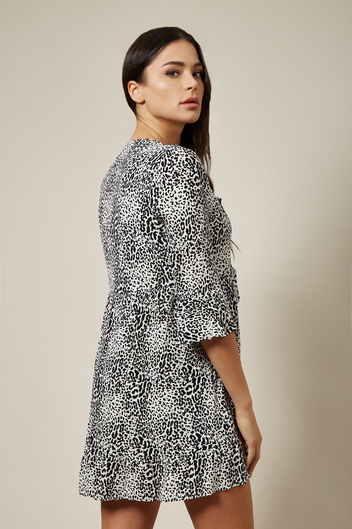 Black and White Button Down  Mini Shirt Dress in Leopard Print