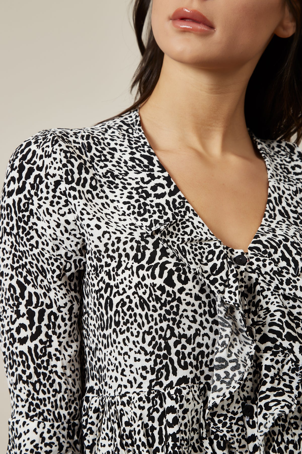 Black and White Button Down  Mini Shirt Dress in Leopard Print