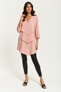 3/4 Sleeves V Neck Oversized Layered Tunic in Pink