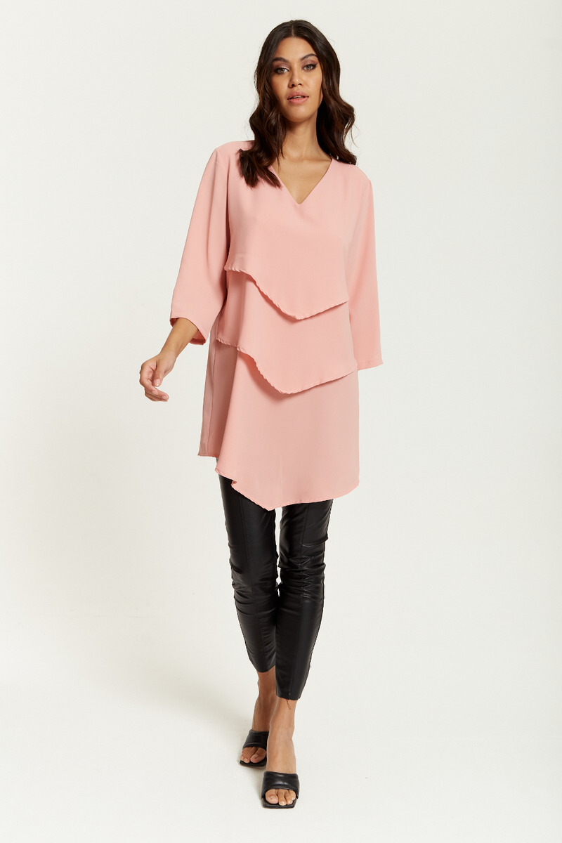 3/4 Sleeves V Neck Oversized Layered Tunic in Pink