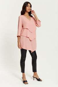 3/4 Sleeves V Neck Oversized Layered Tunic in Pink