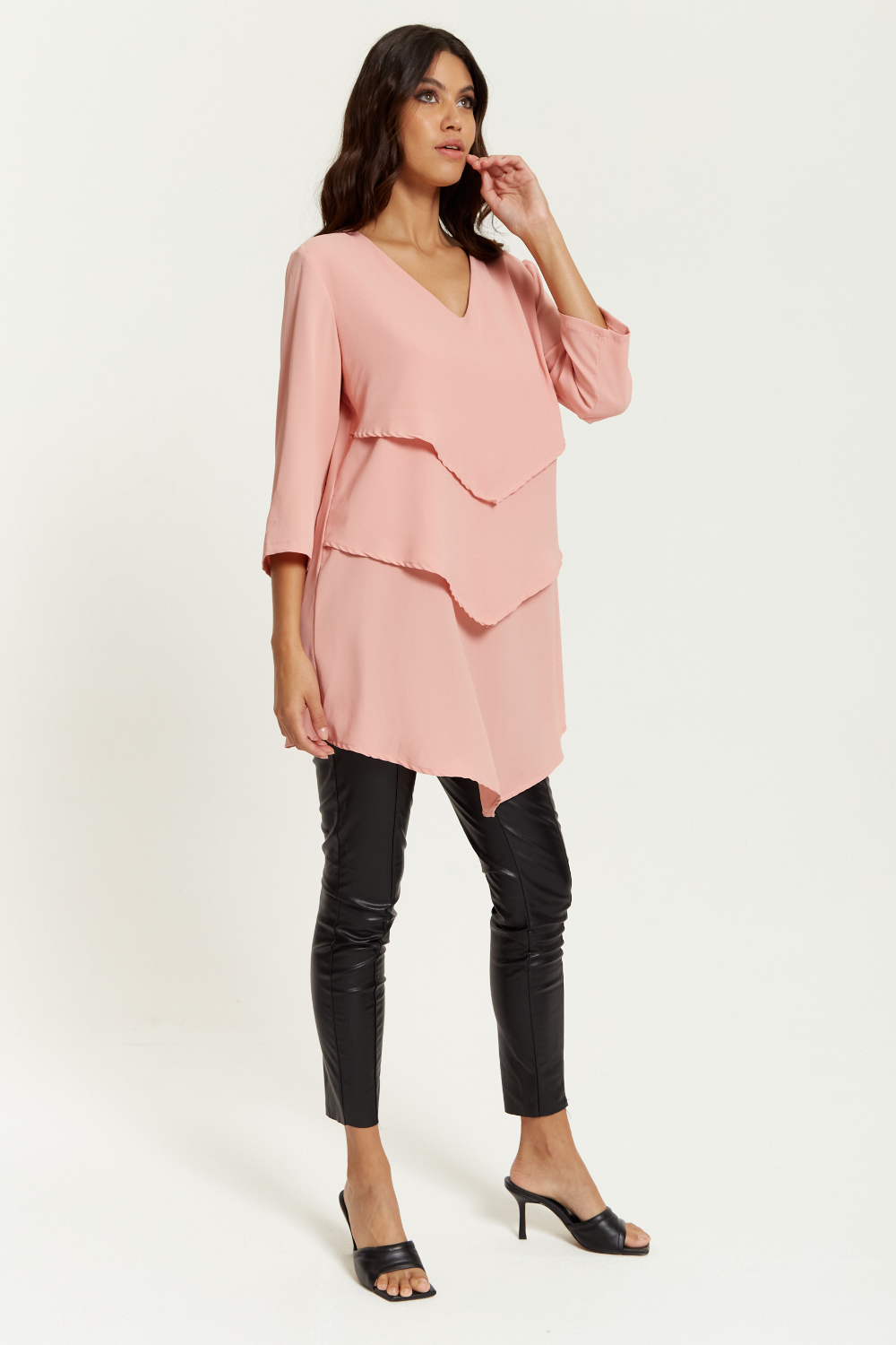 3/4 Sleeves V Neck Oversized Layered Tunic in Pink