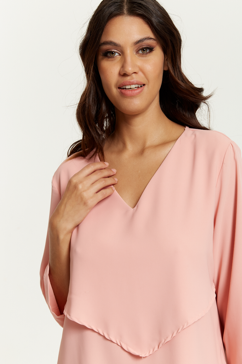 3/4 Sleeves V Neck Oversized Layered Tunic in Pink