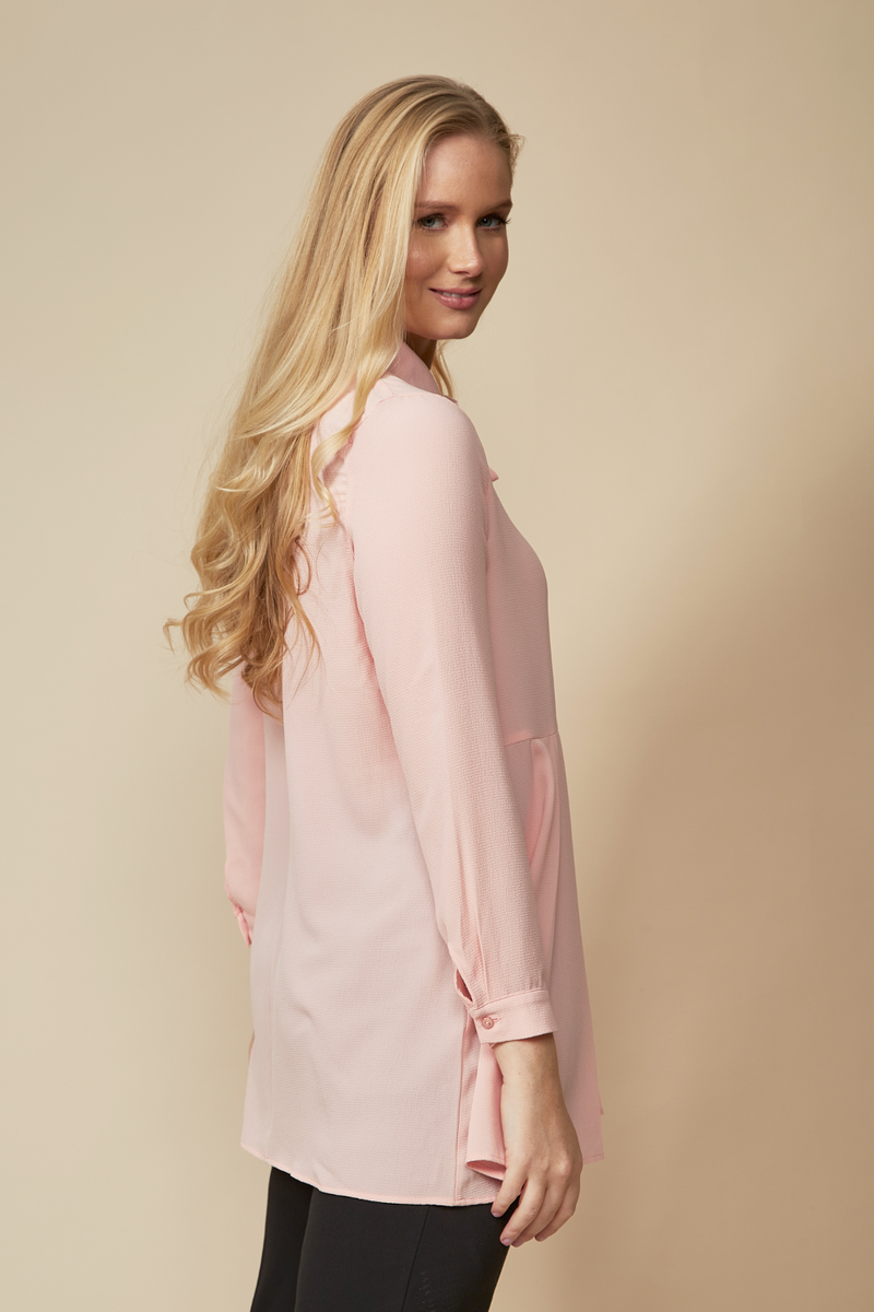 Oversized Long Sleeve Relaxed Pleated Fit Shirt with Tie Detail in Pink