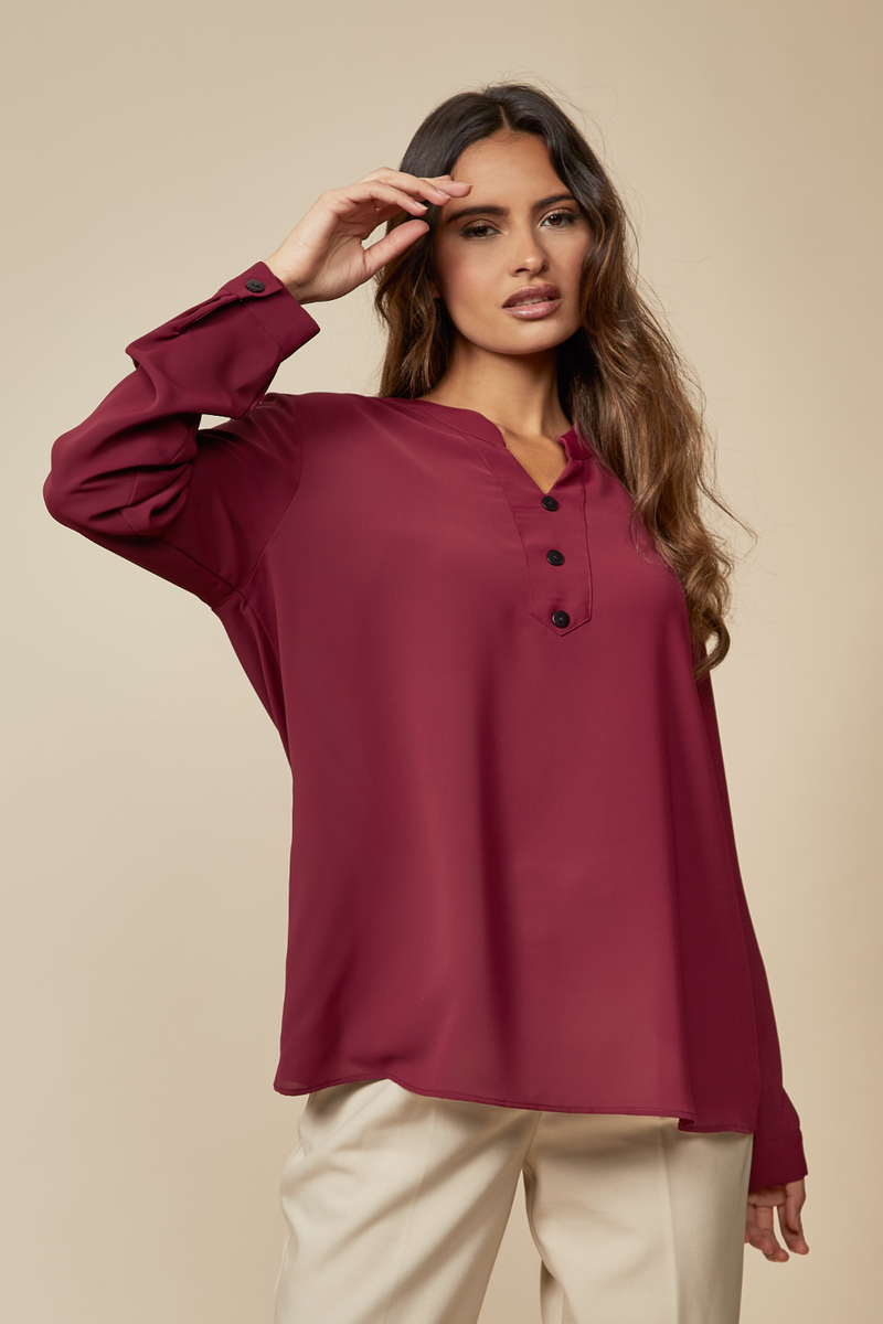 Oversized Long Sleeves Top with Button Details in Burgundy