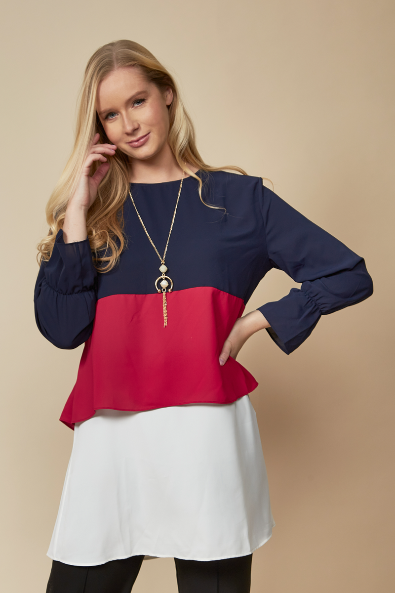Oversized Colour Block Top in Navy, Red and White