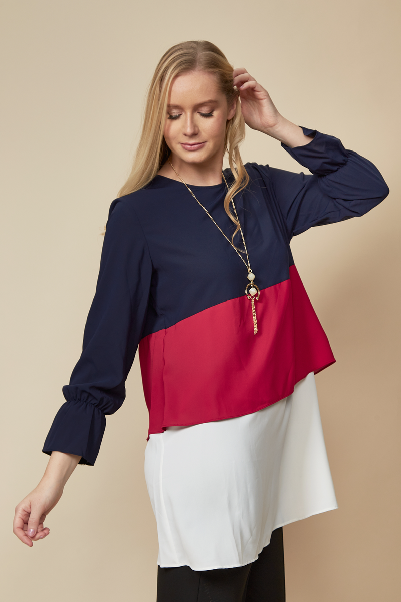 Oversized Colour Block Top in Navy, Red and White