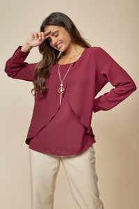 Long Sleeves Relaxed Fit Layered Top with Necklace in Burgundy