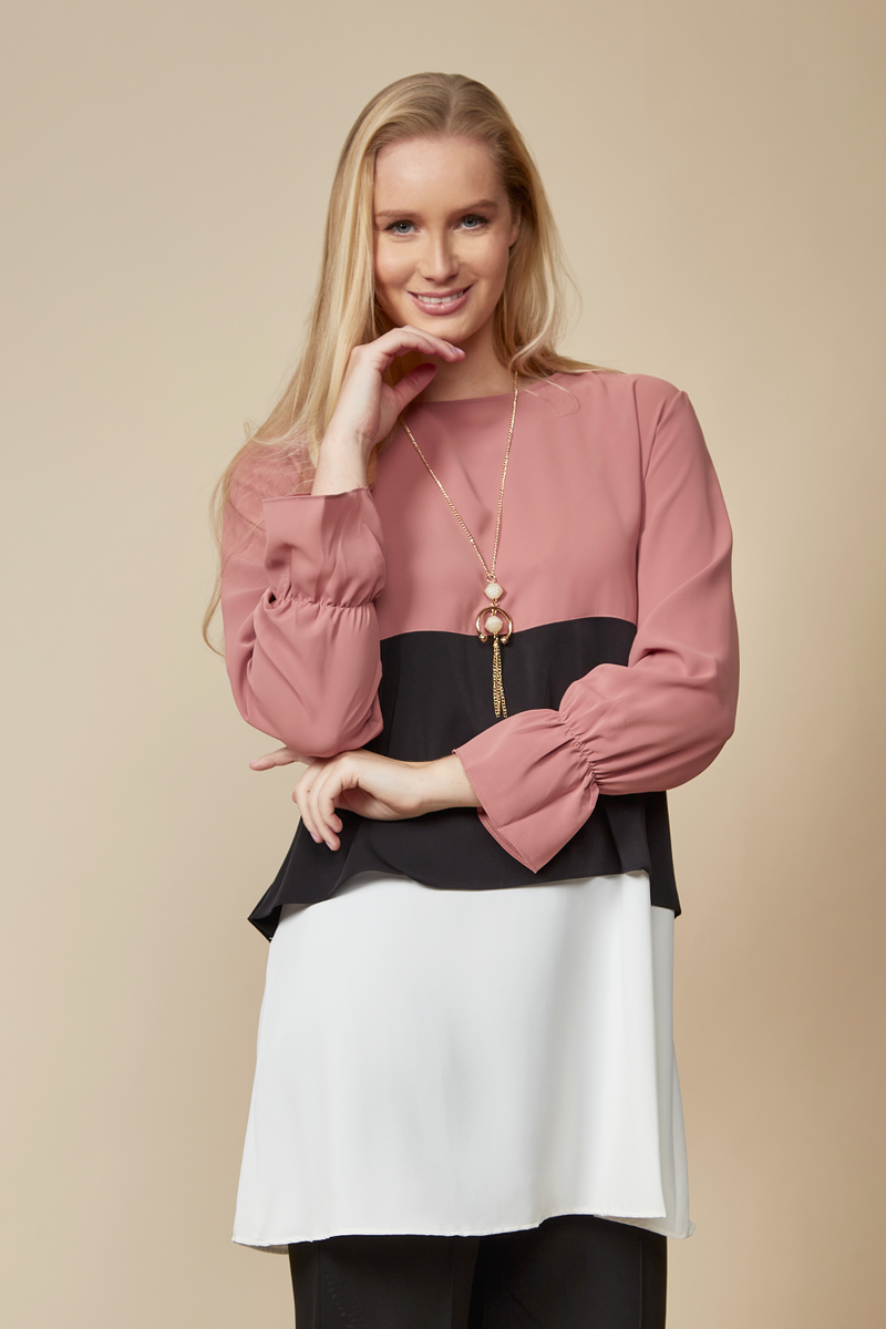 Oversized Colour Block Top in Pink, Black and White