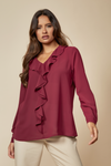 Oversized Top with Frilled Front in Burgundy
