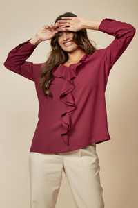 Oversized Top with Frilled Front in Burgundy