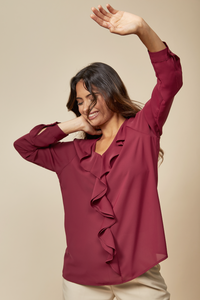 Oversized Top with Frilled Front in Burgundy