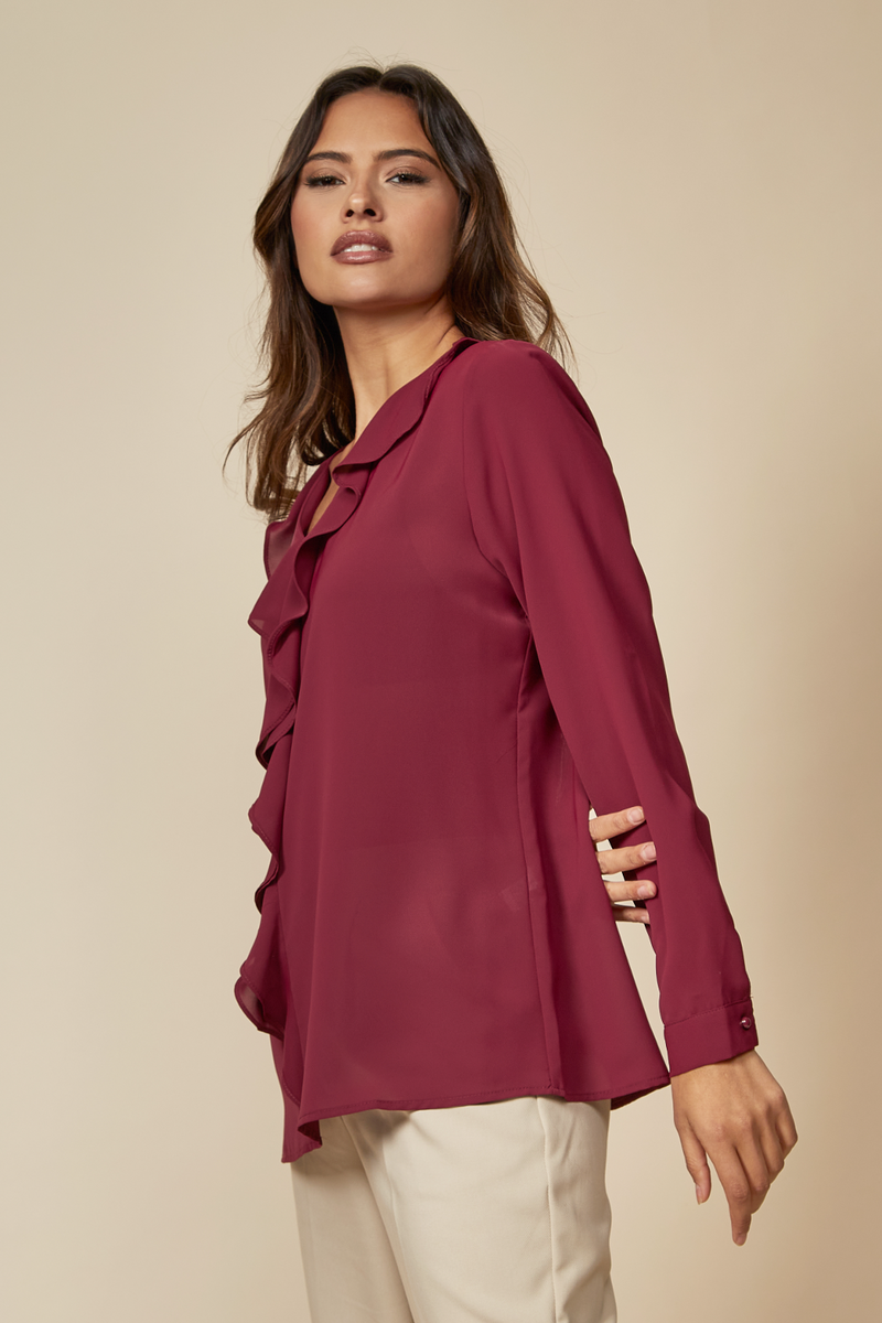 Oversized Top with Frilled Front in Burgundy