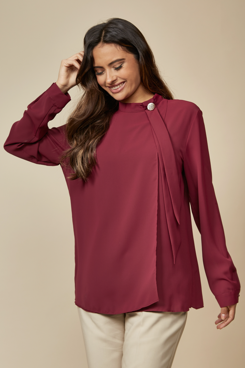 Oversized High Neck Top with Brooch Details in Burgundy
