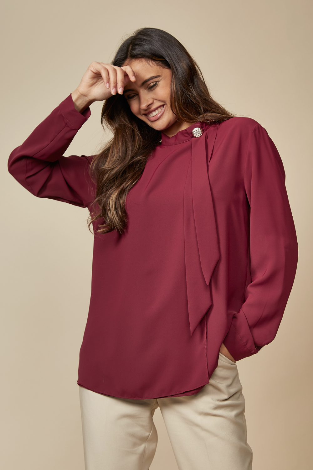Oversized High Neck Top with Brooch Details in Burgundy