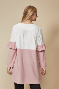 Colour Block Top with Frill Detailed on Sleeve in White and Blossom