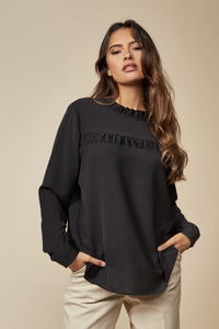Ruffle Neck Detailed Relaxed Fit Top in Black