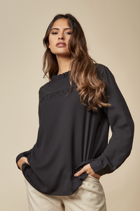 Ruffle Neck Detailed Relaxed Fit Top in Black