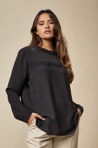 Ruffle Neck Detailed Relaxed Fit Top in Black