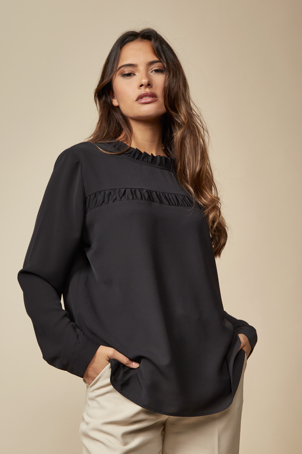 Ruffle Neck Detailed Relaxed Fit Top in Black