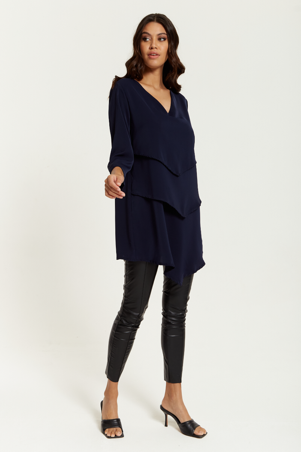 3/4 Sleeves V Neck Oversized Layered Tunic in Navy