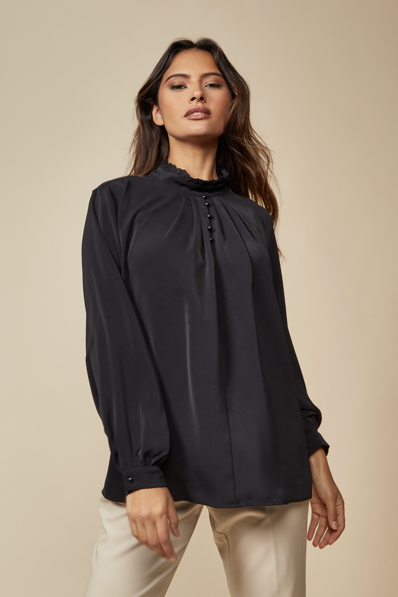 Oversized Ruffle Neck Top with Long Sleeves in Black