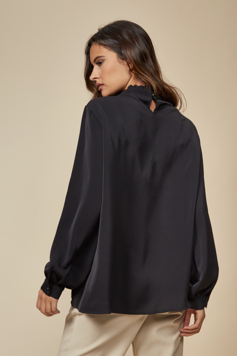 Oversized Ruffle Neck Top with Long Sleeves in Black