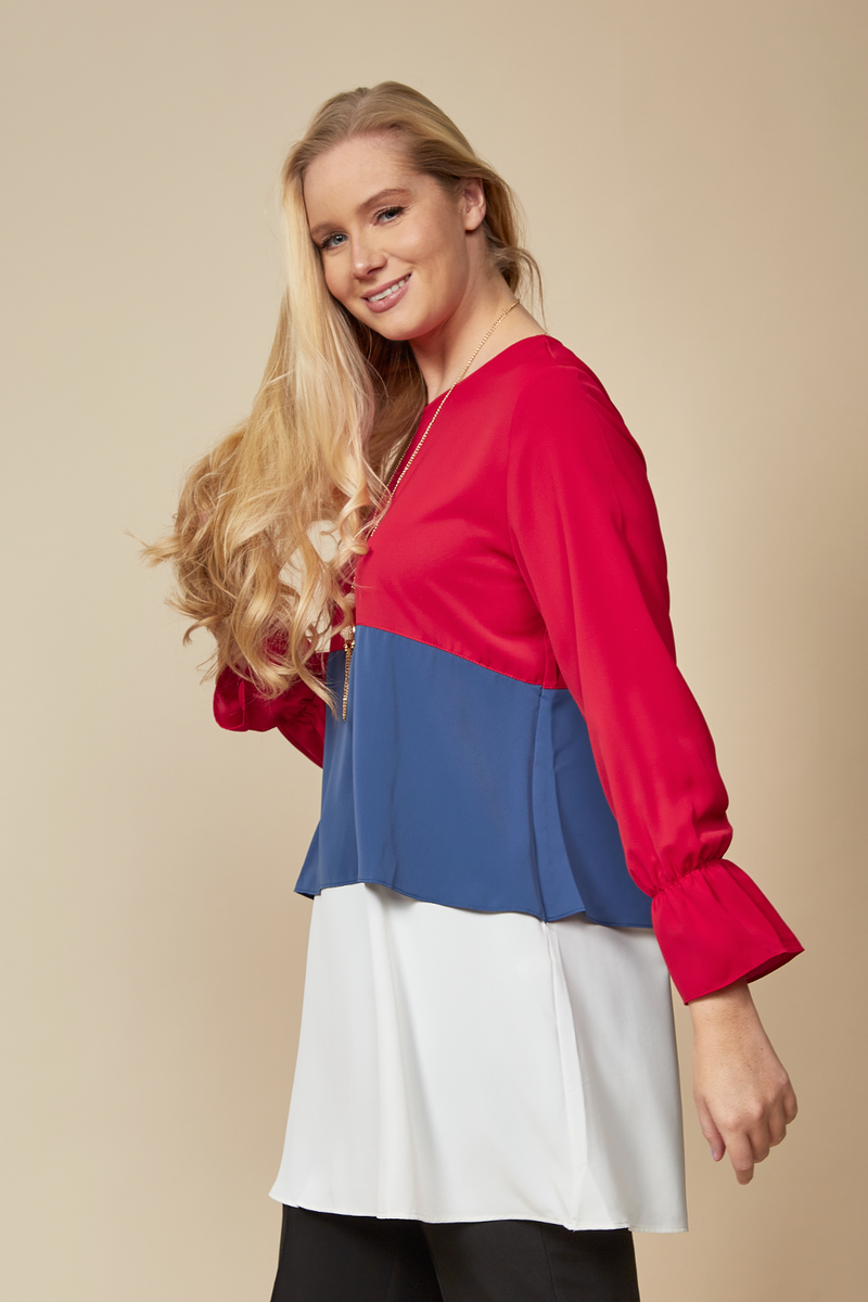 Oversized Colour Block Top in Red, Blue and White with Necklace