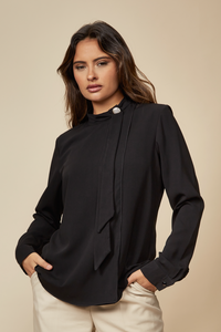 Oversized High Neck Top with Brooch Details in Black