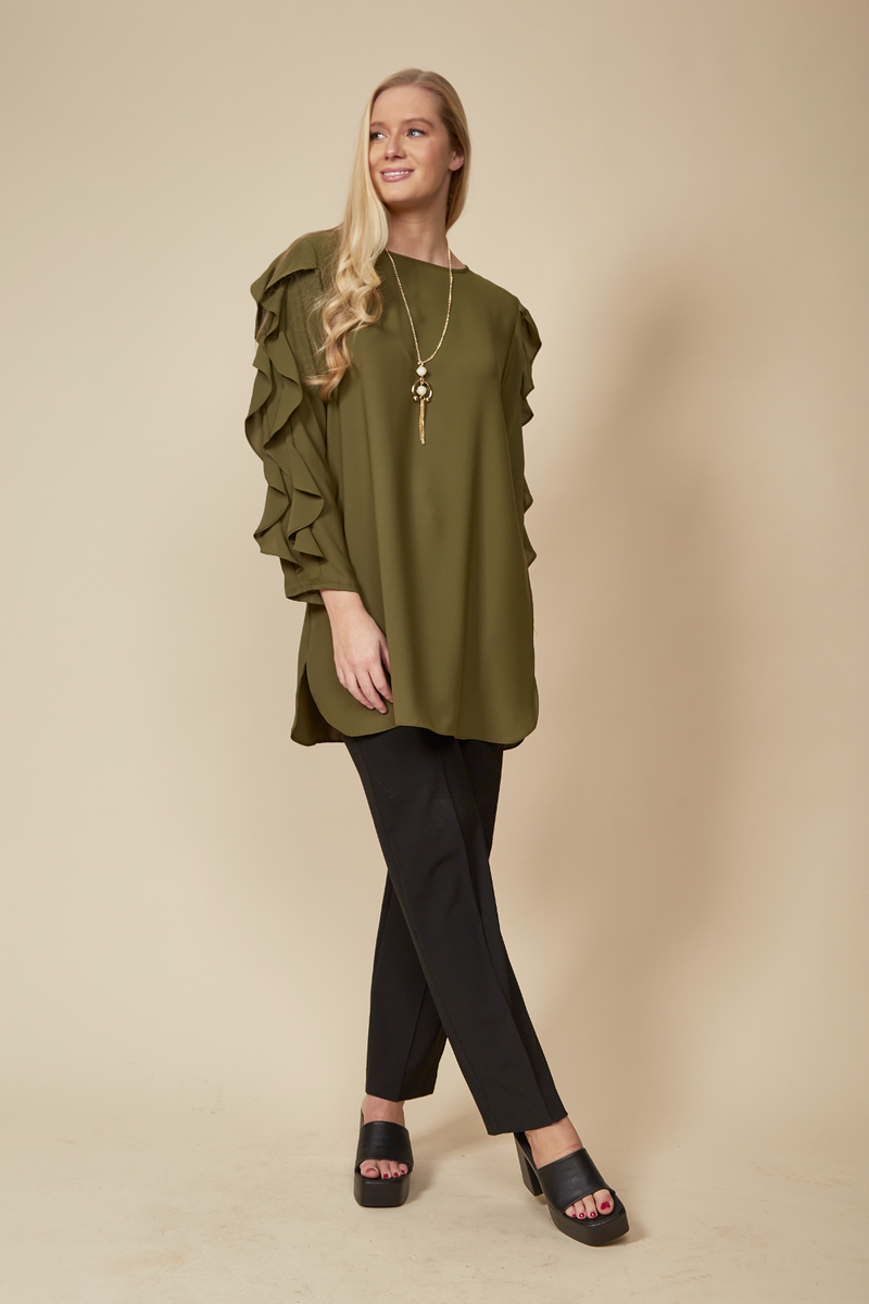 Oversized Ruffle Sleeve Relaxed Fit Tunic in Khaki