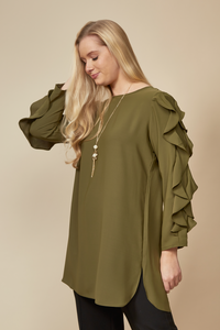 Oversized Ruffle Sleeve Relaxed Fit Tunic in Khaki