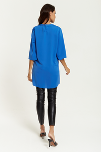 Oversized Detailed Neckline Tunic with 3/4 Sleeves in Blue