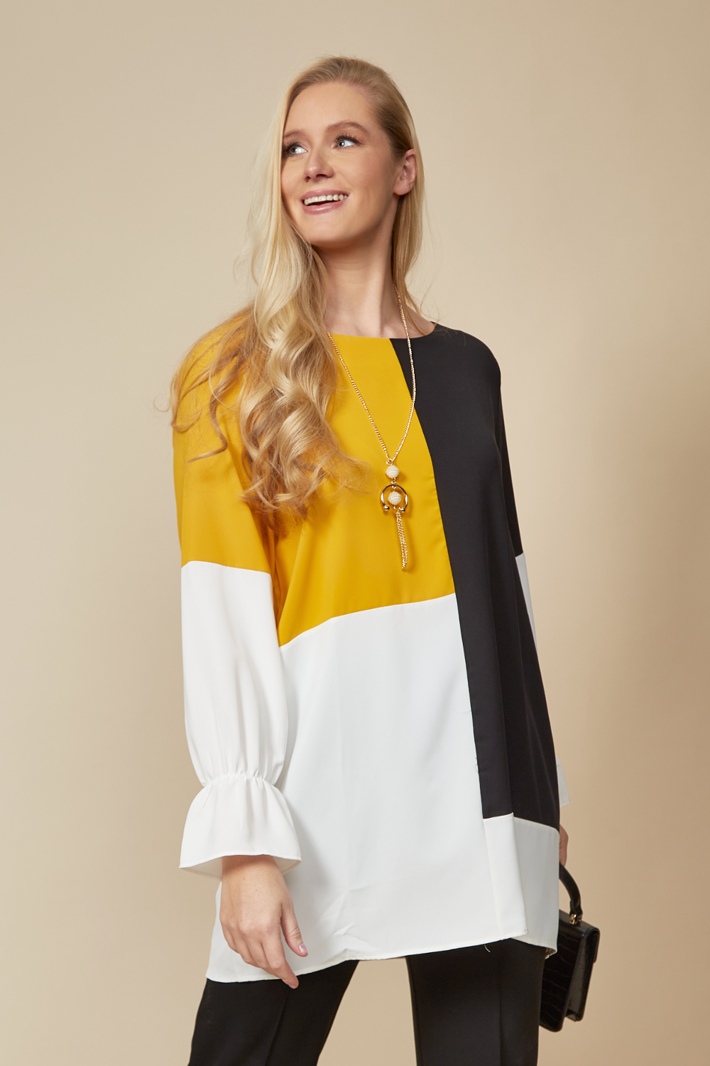 Oversized Colour Block Tunic in Yellow, Black and White