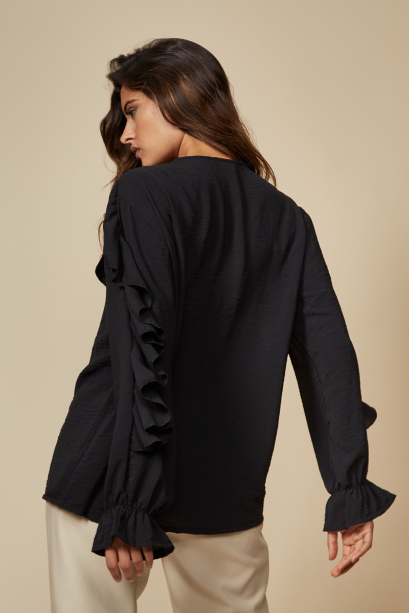 Exclusive Ruffle Detailed V Neck Top with Long Sleeves in Black