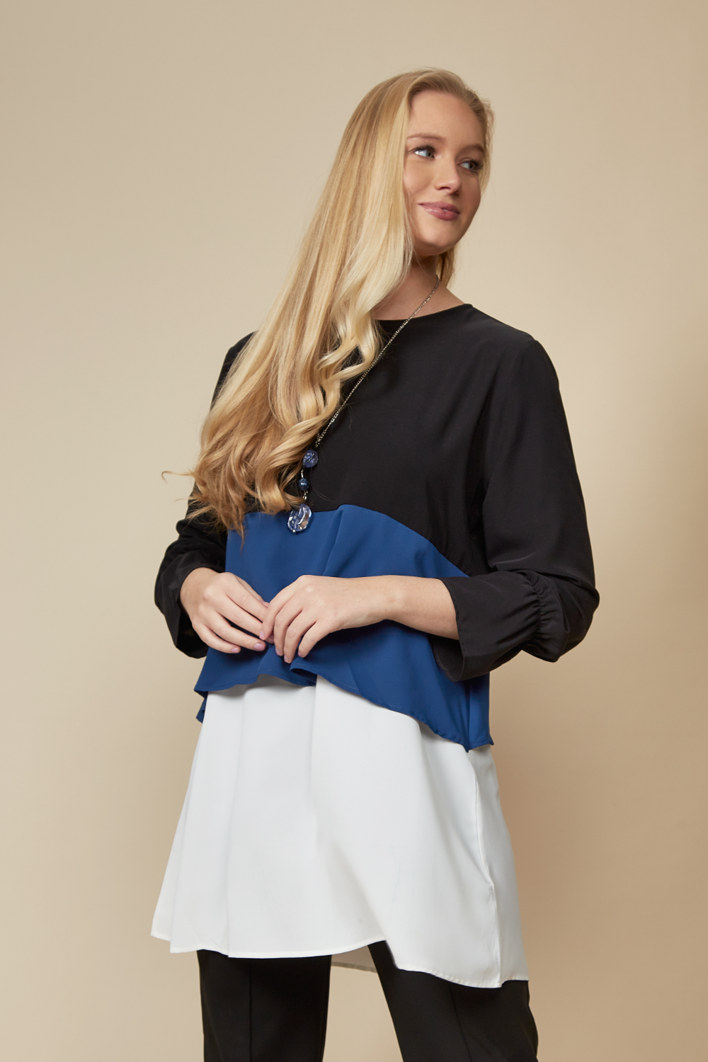 Oversized Colour Block Top in Black, Blue and White with Necklace
