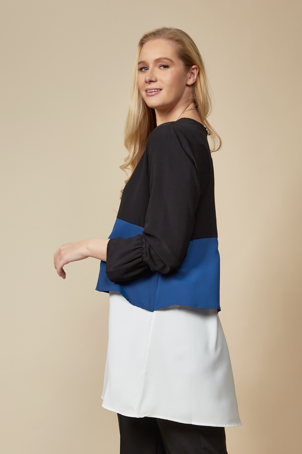 Oversized Colour Block Top in Black, Blue and White with Necklace