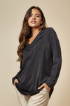 Oversized Long Sleeves Detailed V Neck Top in Black