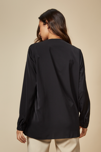 Oversized Long Sleeves Detailed V Neck Top in Black