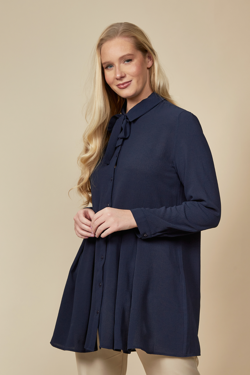 Oversized Long Sleeve Relaxed Pleated Fit Shirt with Tie Detail in Navy