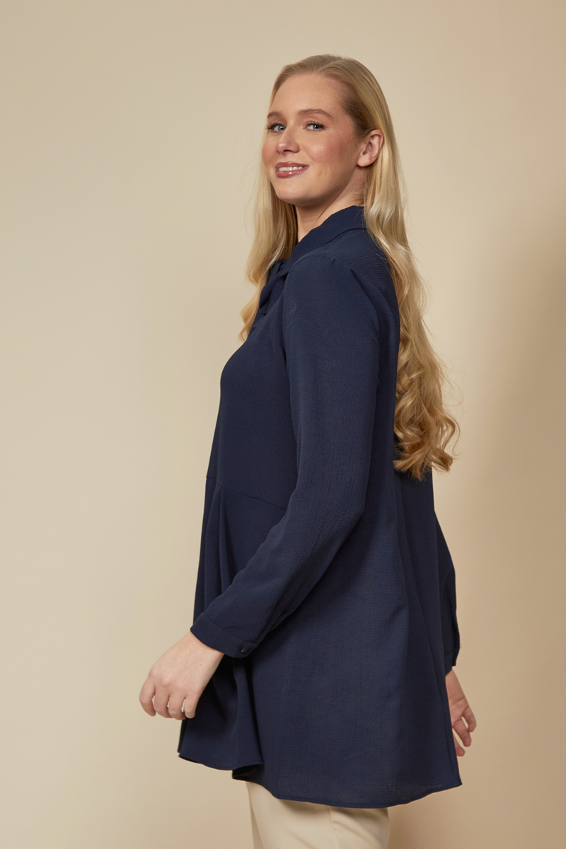 Oversized Long Sleeve Relaxed Pleated Fit Shirt with Tie Detail in Navy