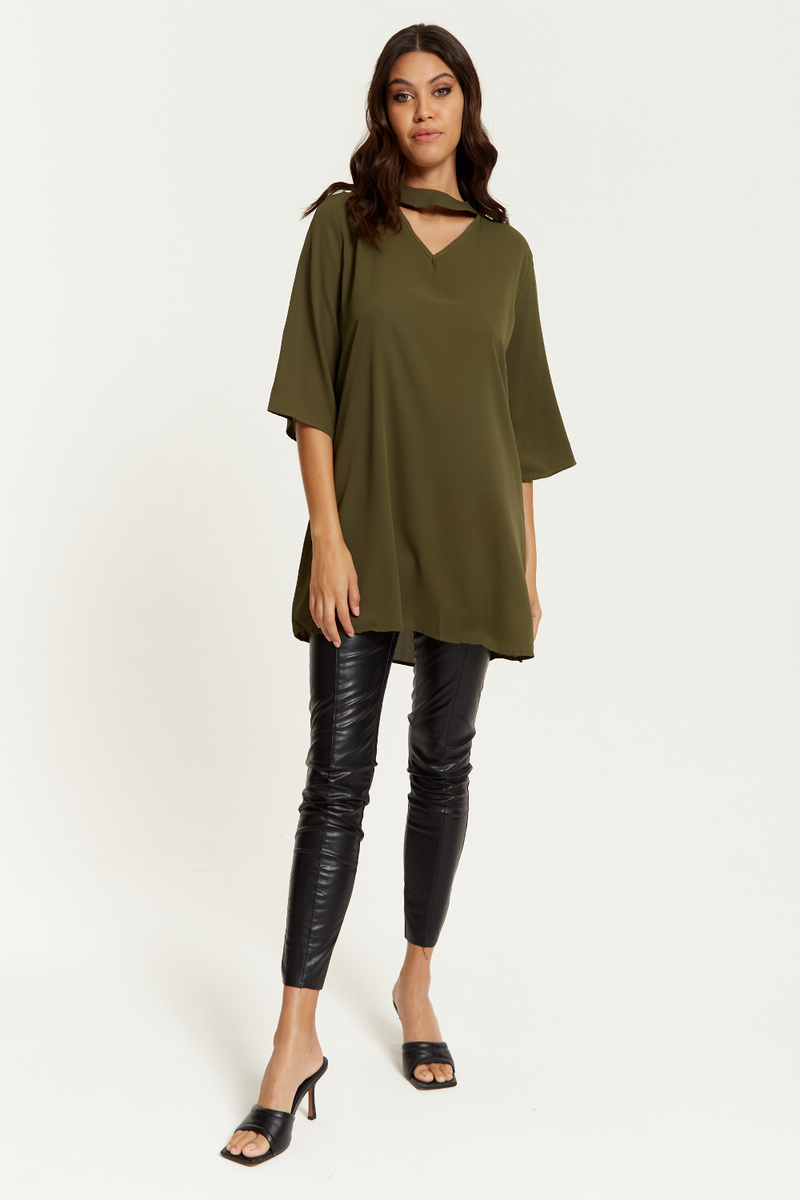 Oversized Detailed Neckline Tunic with 3/4 Sleeves in Khaki