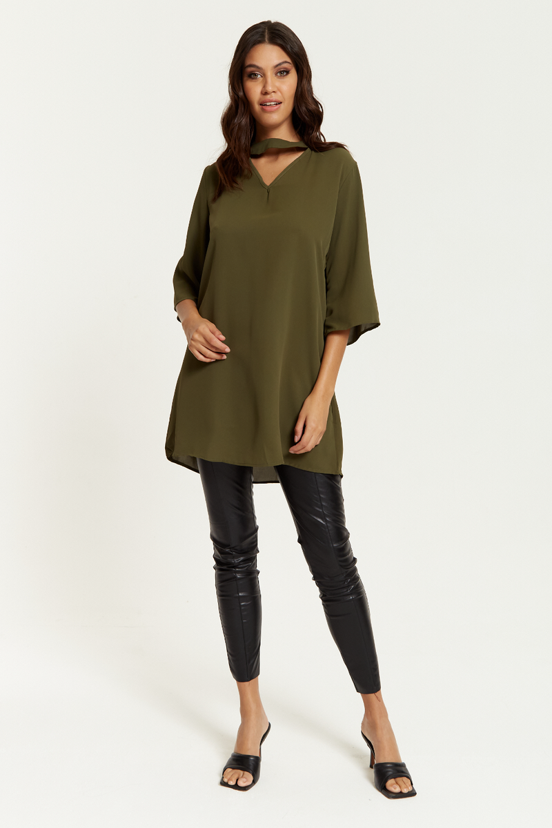 Oversized Detailed Neckline Tunic with 3/4 Sleeves in Khaki