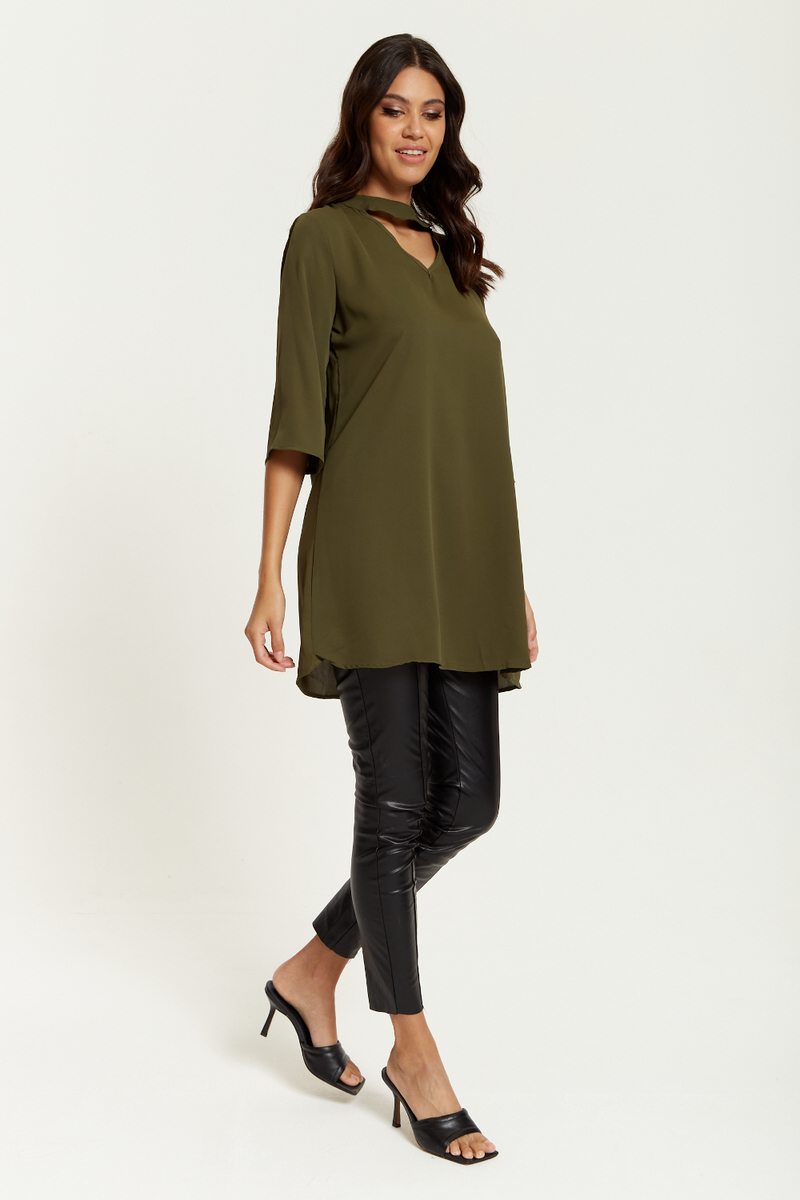 Oversized Detailed Neckline Tunic with 3/4 Sleeves in Khaki