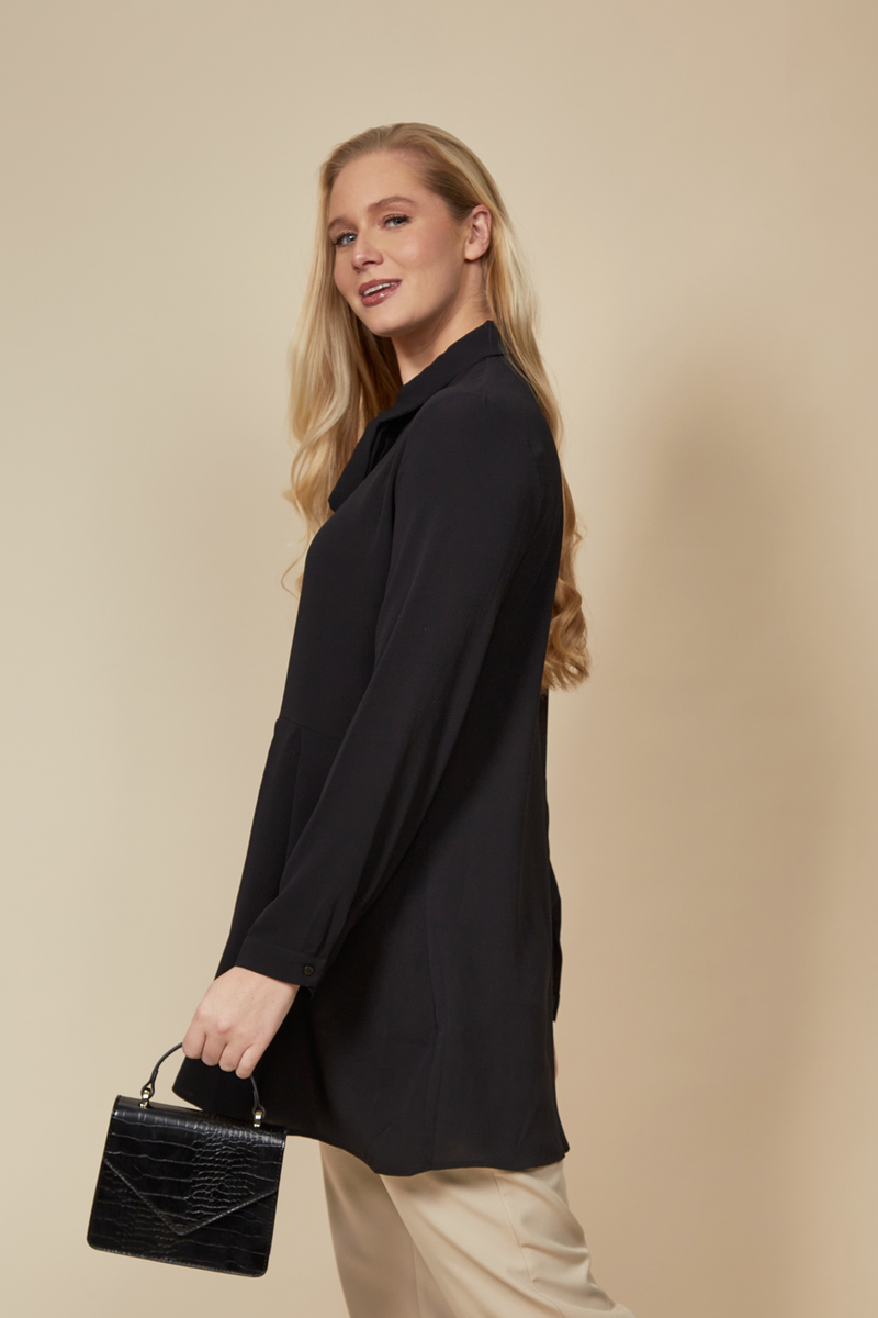 Oversized Long Sleeve Relaxed Pleated Fit Shirt with Tie Detail in Black