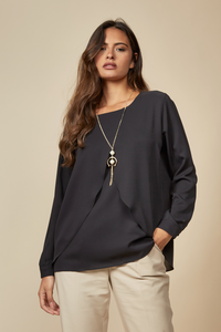Long Sleeves Relaxed Fit Layered Top with Necklace in Black