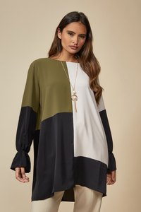 Oversized Colour Block Tunic in Khaki, Beige and Black
