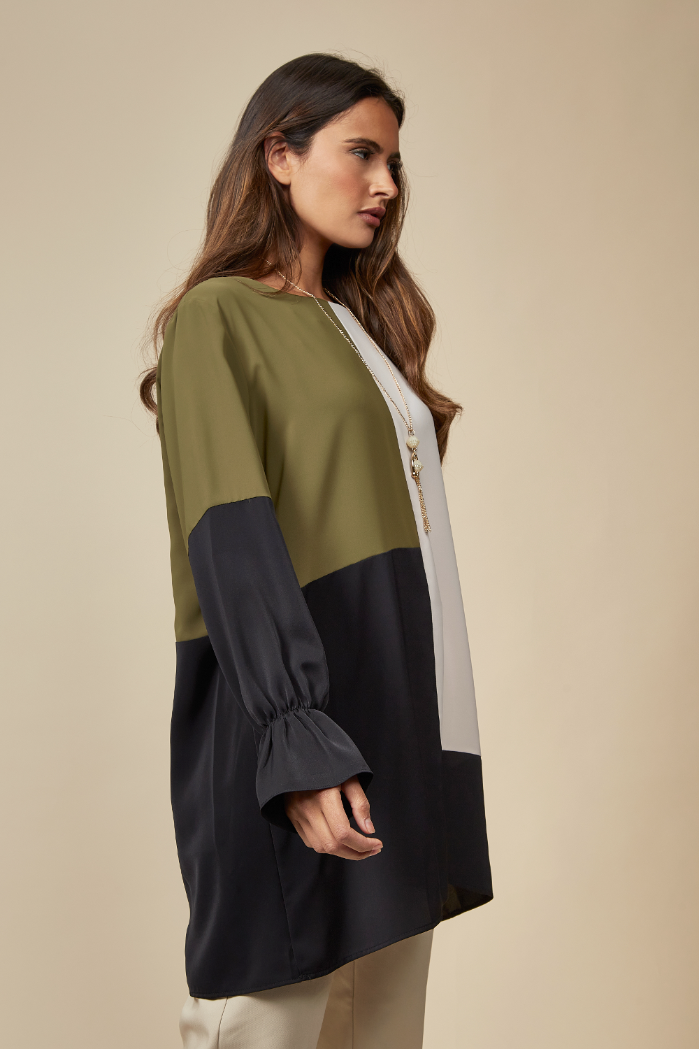 Oversized Colour Block Tunic in Khaki, Beige and Black