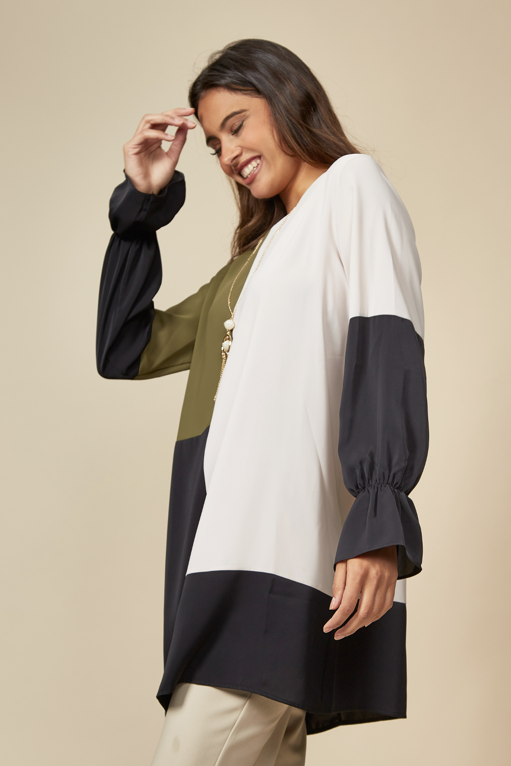 Oversized Colour Block Tunic in Khaki, Beige and Black