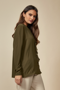 Khaki Oversized Top Ruffle Front Relaxed Fit Blouse